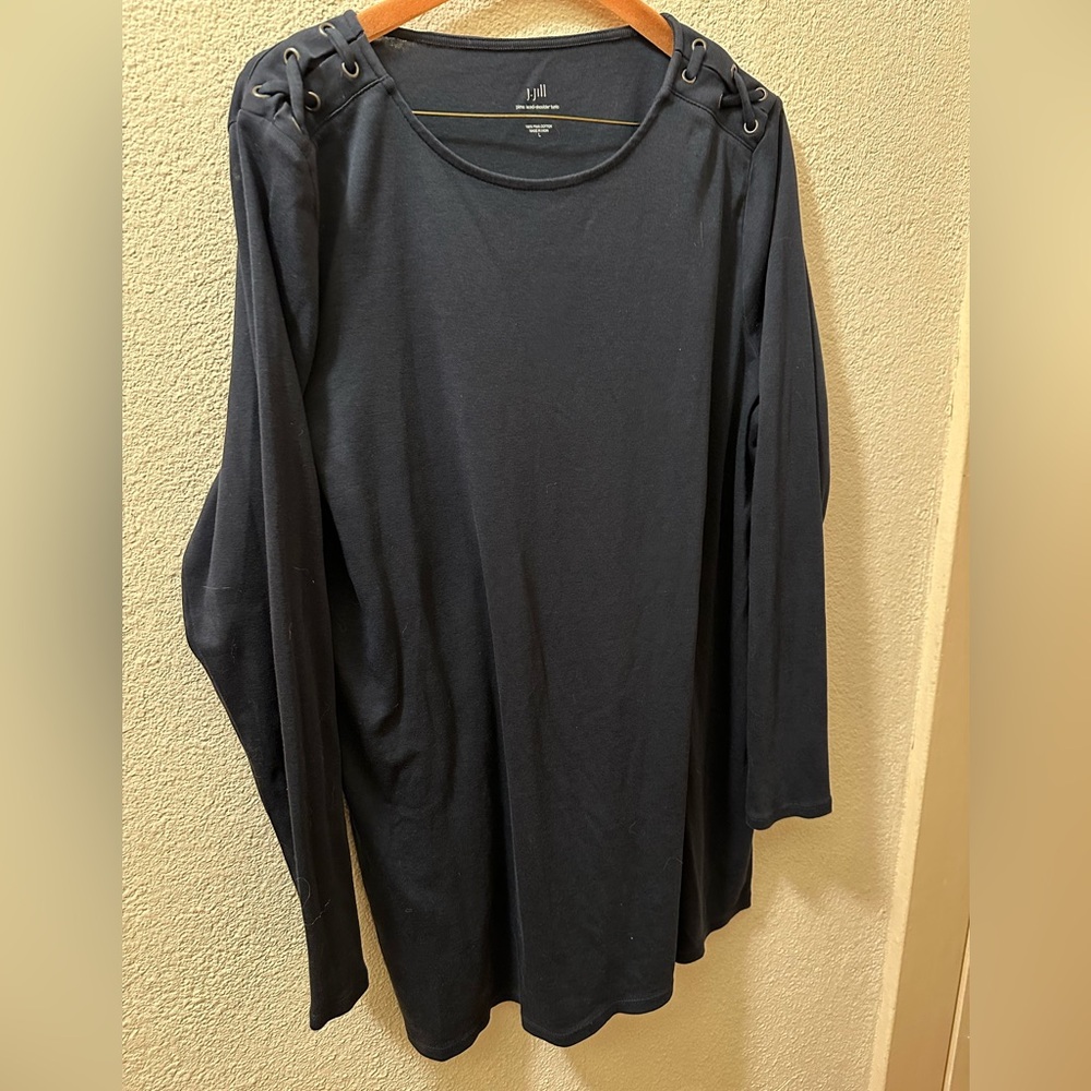 J. Jill Top Women Navy 100% Pima Cotton Pullover Long Sleeve Laced Shoulder Sz L